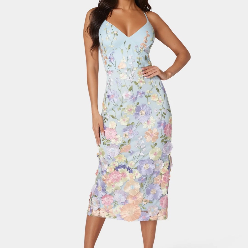 bebe Pastel Blue Floral Embroidered Midi Dress